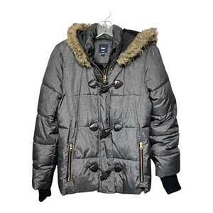 Gap Graystone Smoke Gray Puffer Jacket Small Faux Fur Hooded Coat